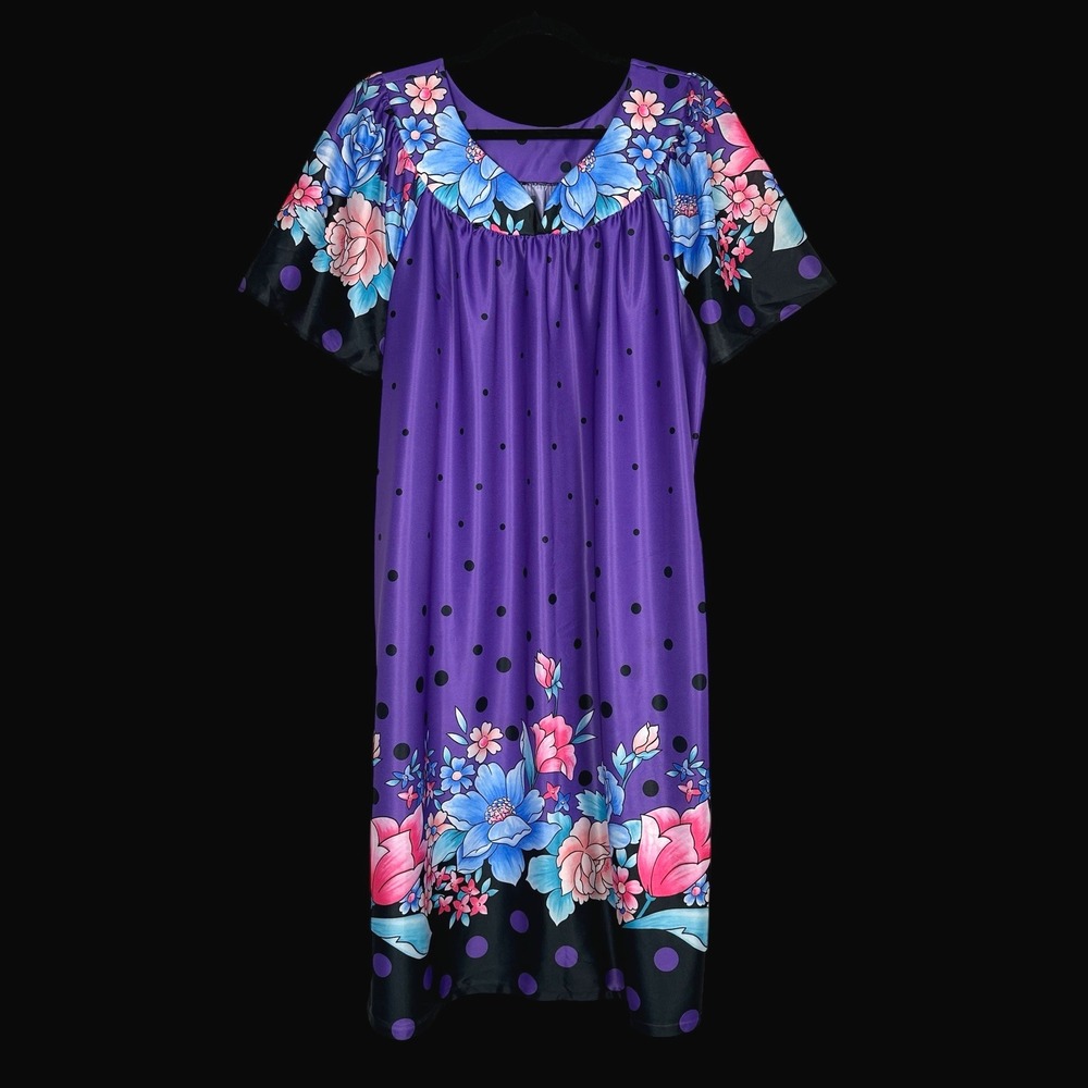 Vintage Granada Purple Floral Polka Dot Muumuu House Dress Large Made in USA